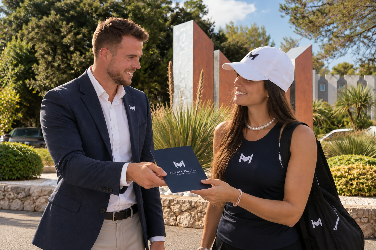 Un conseiller remet la brochure du Mouratoglou Country Club à une membre